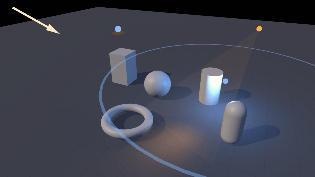 Five pale primitives on a dark grid floor, lit from the upper left by a warm sun whose arrow gizmo hangs above them, with a blue point light orbiting inside a wide range ring and an orange spot light throwing a visible cone across the right of the frame.